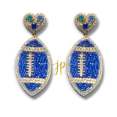 Game Day Blue Rhinestone Football Earrings with Heart Toppers