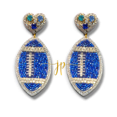 Game Day Blue Rhinestone Football Earrings with Heart Toppers