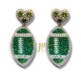 Game Day Green Rhinestone Football Earrings with Heart Toppers