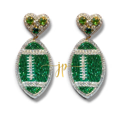 Game Day Green Rhinestone Football Earrings with Heart Toppers