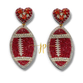 Game Day Burgundy Rhinestone Hearts Raffia Football Earrings