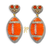 Game Day Orange Rhinestone Hearts Football Earrings