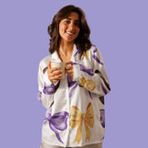 Game Day Purple and Gold Bow Women’s Long Sleeve Silky Pajama Top