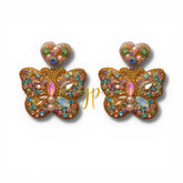 Palais Pastel Rhinestone Beaded Butterfly Dangle Earrings with Pastel Heart Topper and Pearl Detail