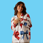 Game Day Red and Blue Bow Women’s Long Sleeve Silky Pajama Top