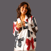 Game Day Black and Red Bow Women’s Long Sleeve Silky Pajama Top