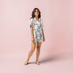 White with Rose Print Women’s Short Sleeve Silky Pajama Top