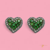 Beaded Emerald Green Rhinestone Heart Stud Earrings