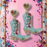 Let’s Go Girls Beaded Multicolored Rhinestone Cowgirl Boot Dangle Earrings with Hearts