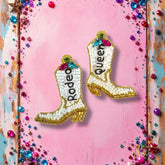 Rodeo Queen Beaded White Boot Stud Earrings with Rhinestones