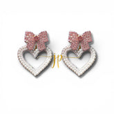 Pearl Heart Beaded Drop Earrings with Pink Rhinestone Bows