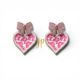 Porcelain Pink and White Toile Pearl Heart Earrings with Pink Rhinestone Bow Toppers