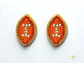 Orange and White Beaded Football Stud Earrings