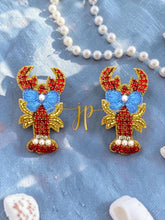 Blue Ribbon Lobster Rhinestone Stud Earrings, Coastal Jewelry