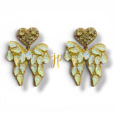 Light Yellow Beaded Rhinestone Bow Earrings with Heart Topper
