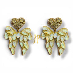 Light Yellow Beaded Rhinestone Bow Earrings with Heart Topper