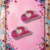 Rodeo Queen Beaded Pink Cowgirl Hat Stud Earrings with Hearts