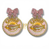 Caviar Sardine Beaded Statement Earrings in Pink with Bow Rhinestones, Italian Coastal Jewelry