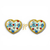 Blue Ribbon Pearl & Rhinestone Heart Stud Earrings, Coastal Jewelry