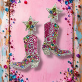 Rodeo Queen Beaded Multicolored Rhinestone Cowgirl Boot Dangle Earrings with Stars