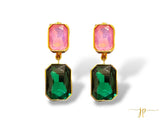 Emily Emerald-Cut Green and Iridescent Pink Opulent Double Gemstone Dangle Earrings