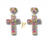 Cross Earrings in Pastel Rhinestones and Pearl Beads