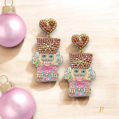 Frosted Pink Nutcracker Beaded Rhinestone Earrings