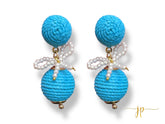 Aqua Raffia Lantern Ball Earrings with White Pearl Bows