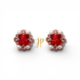 Red and Pink Heiress Rhinestone Stud Earrings with Pearl Detail