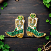 St Patrick’s Day Beaded Rhinestone Boot Stud Earrings with Clovers