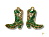 Game Day Green and Gold Beaded Rhinestone Boot Stud Earrings with Hearts