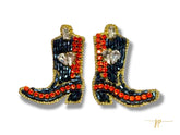 Game Day Blue and Orange Beaded Rhinestone Boot Stud Earrings with Hearts