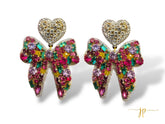 Mardi Gras Colors Beaded Rhinestone Bow Earrings with Heart Topper
