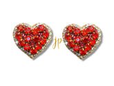 Large Heart Beaded Stud Earrings in Ruby Red for Game Day