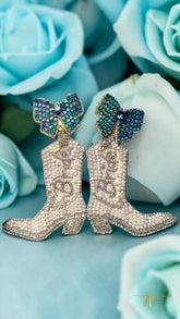 White Beaded Bride Cowboy Boot Earrings with Blue Rhinestone Bow Topper Bridal Jewelry