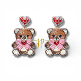 Teddy Bear Beaded Drop Earrings with Red Pink and White Heart Rhinestone Topper