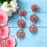 Serena Triple Ball Pave Pink Rhinestone Dangle Earrings