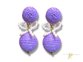 Purple Lilac Raffia Lantern Ball Earrings with White Pearl Bows