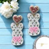 Beaded White Coquette Tulip Easter Bunny Earrings with Rhinestone Heart Toppers