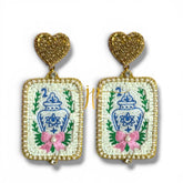 Mahjong Tile Blue and White Chinoiserie Porcelain Ginger Jar Beaded Earrings with Pink Bows and Gold Rhinestone Heart Toppers