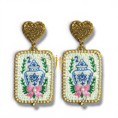 Mahjong Tile Blue and White Chinoiserie Porcelain Ginger Jar Beaded Earrings with Pink Bows and Gold Rhinestone Heart Toppers