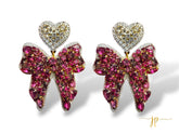 Purple Beaded Rhinestone Bow Earrings with Heart Topper
