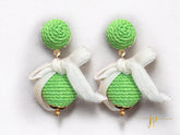 Lime Green Lilly Raffia Lantern Ball Earrings with White Velvet Bows