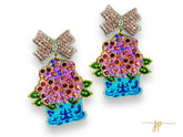 Love is Blooming Blue Chinoiserie Pot with Pink Hydrangeas Beaded Rhinestone Sequins Earrings