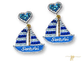 Santorini Blue Sailboat Travel Destination Beaded Rhinestone Earrings