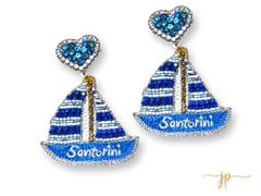 Santorini Blue Sailboat Travel Destination Beaded Rhinestone Earrings