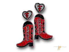 Game Day Red and Black Beaded Boot Earrings with Rhinestones