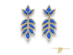 Eloise Blue Rhinestone Raffia Leaf Earrings