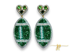 Game Day Green Rhinestone Hearts Football Earrings