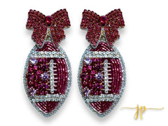 Game Day Purple Coquette Bow Rhinestone Football Earrings